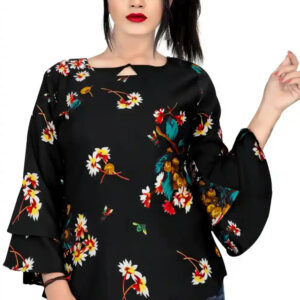 black floral printed crepe tunic top with bell sleeves for women
