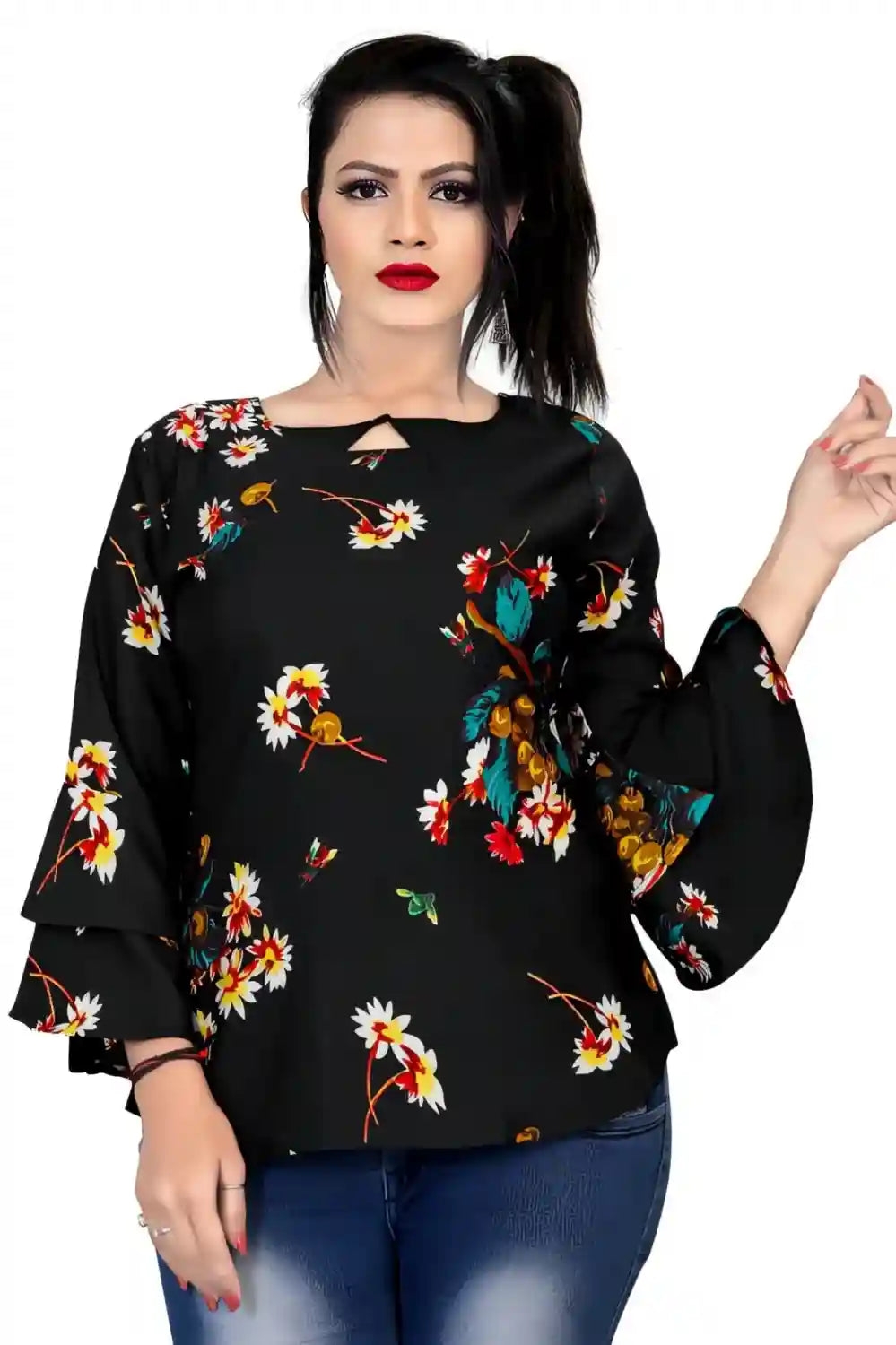 black floral printed crepe tunic top with bell sleeves for women