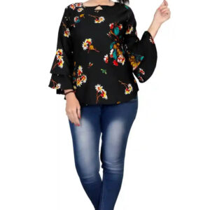 black floral printed crepe tunic top with bell sleeves for women