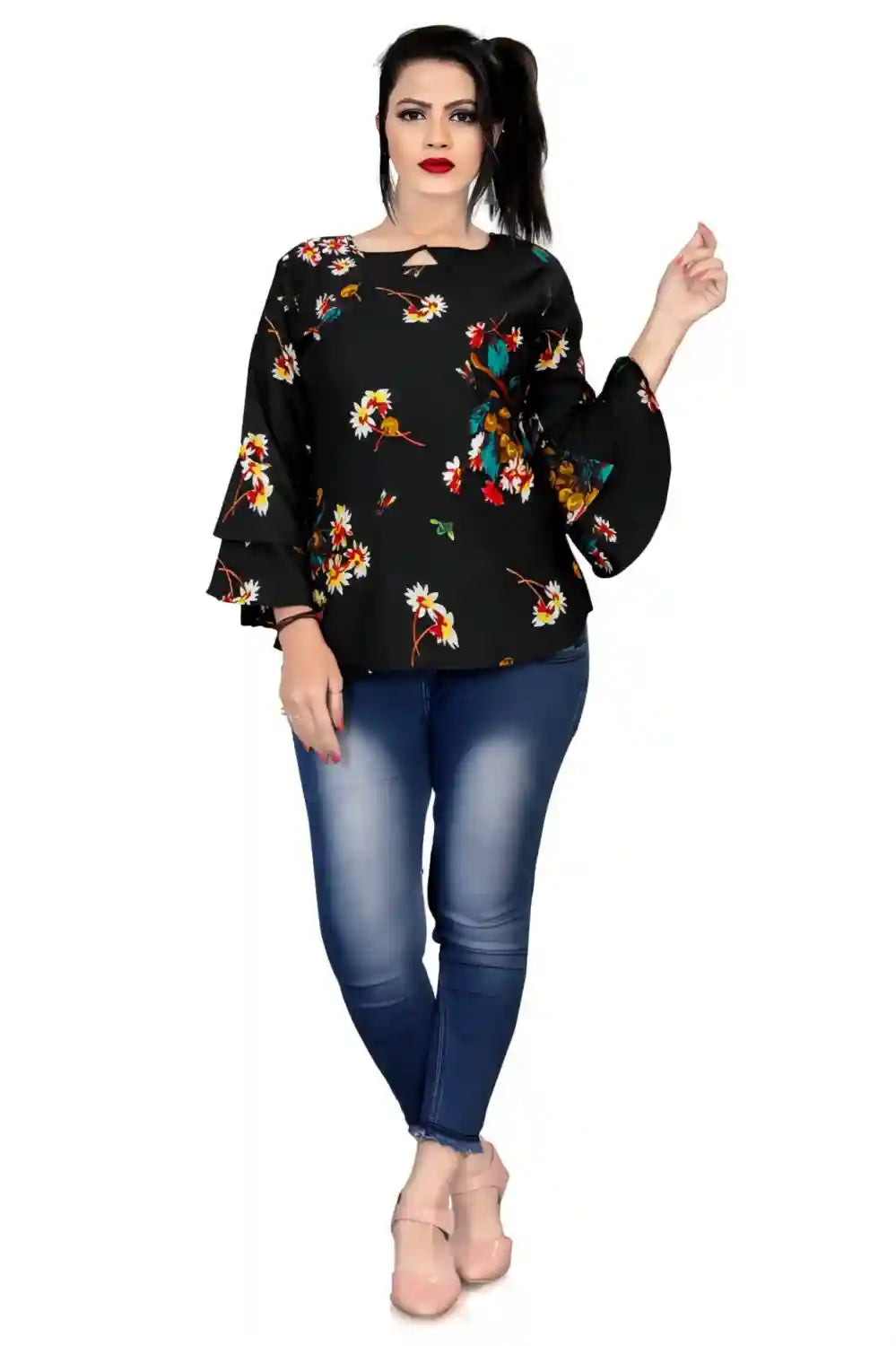 black floral printed crepe tunic top with bell sleeves for women